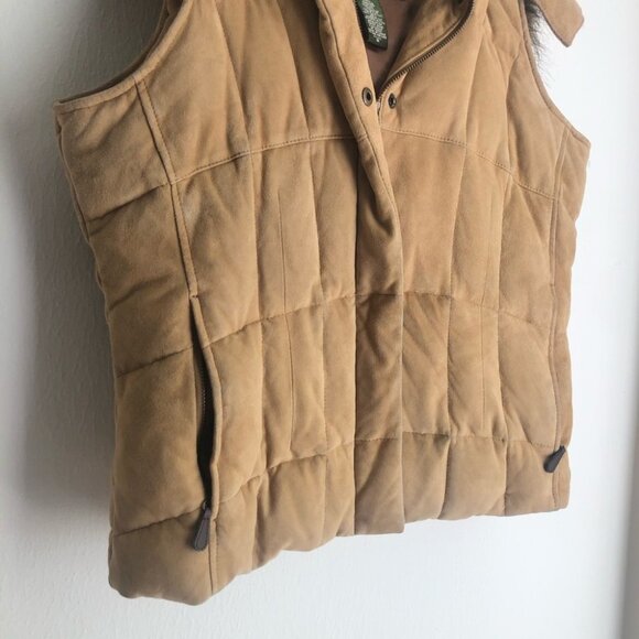 Eddie Bauer size Medium Petite Leather Suede Down Puffer Hooded Vest - Picture 5 of 7